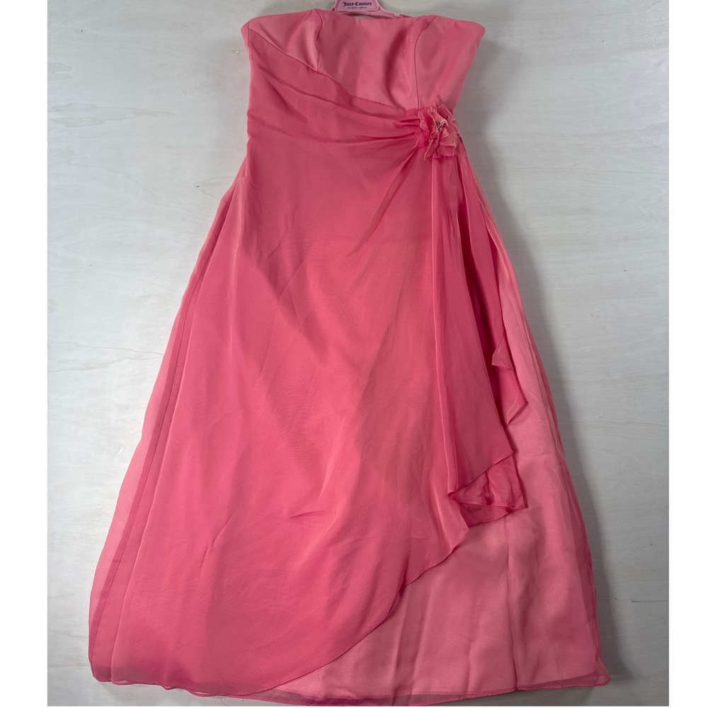 Davids Bridal Pink Strapless Chiffon Formal Gown Dress Flower Waist 10